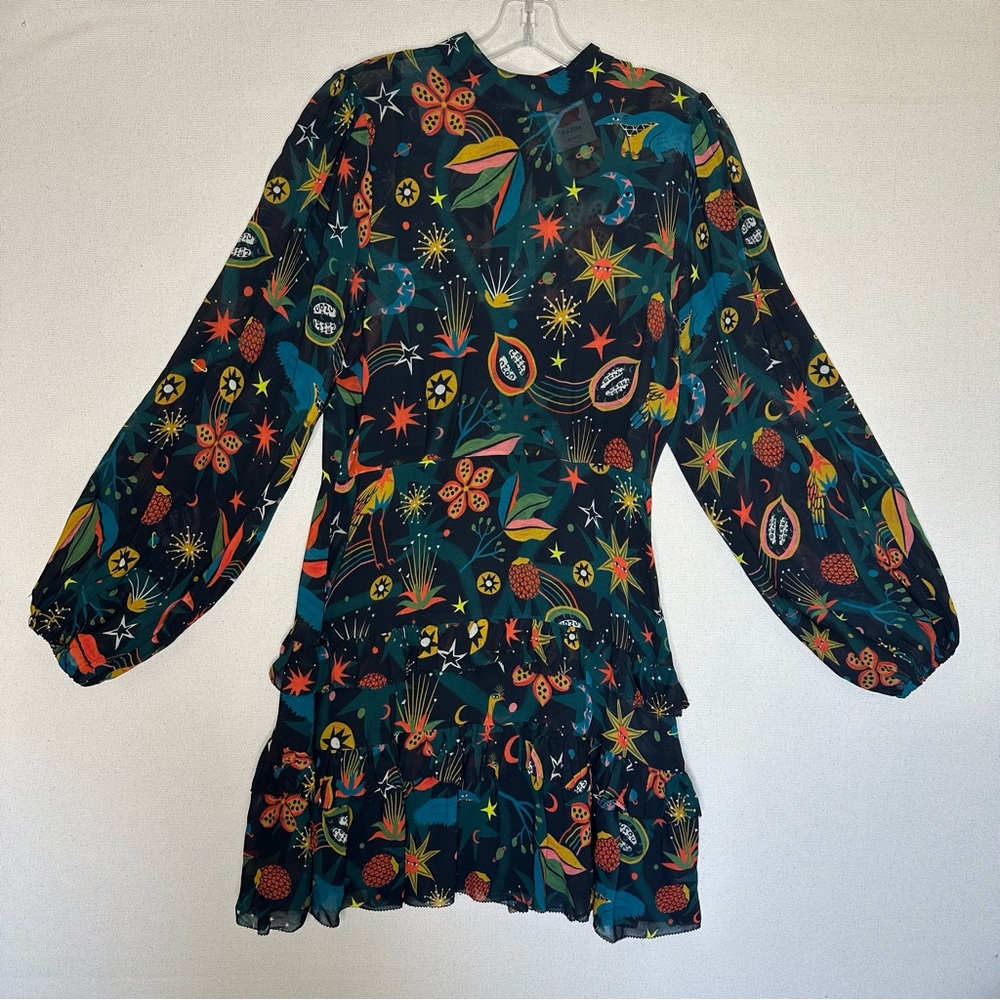 FARM Rio Black Cerrado Sky Celestial Ruffle Long Sleeve Mini Dress Small